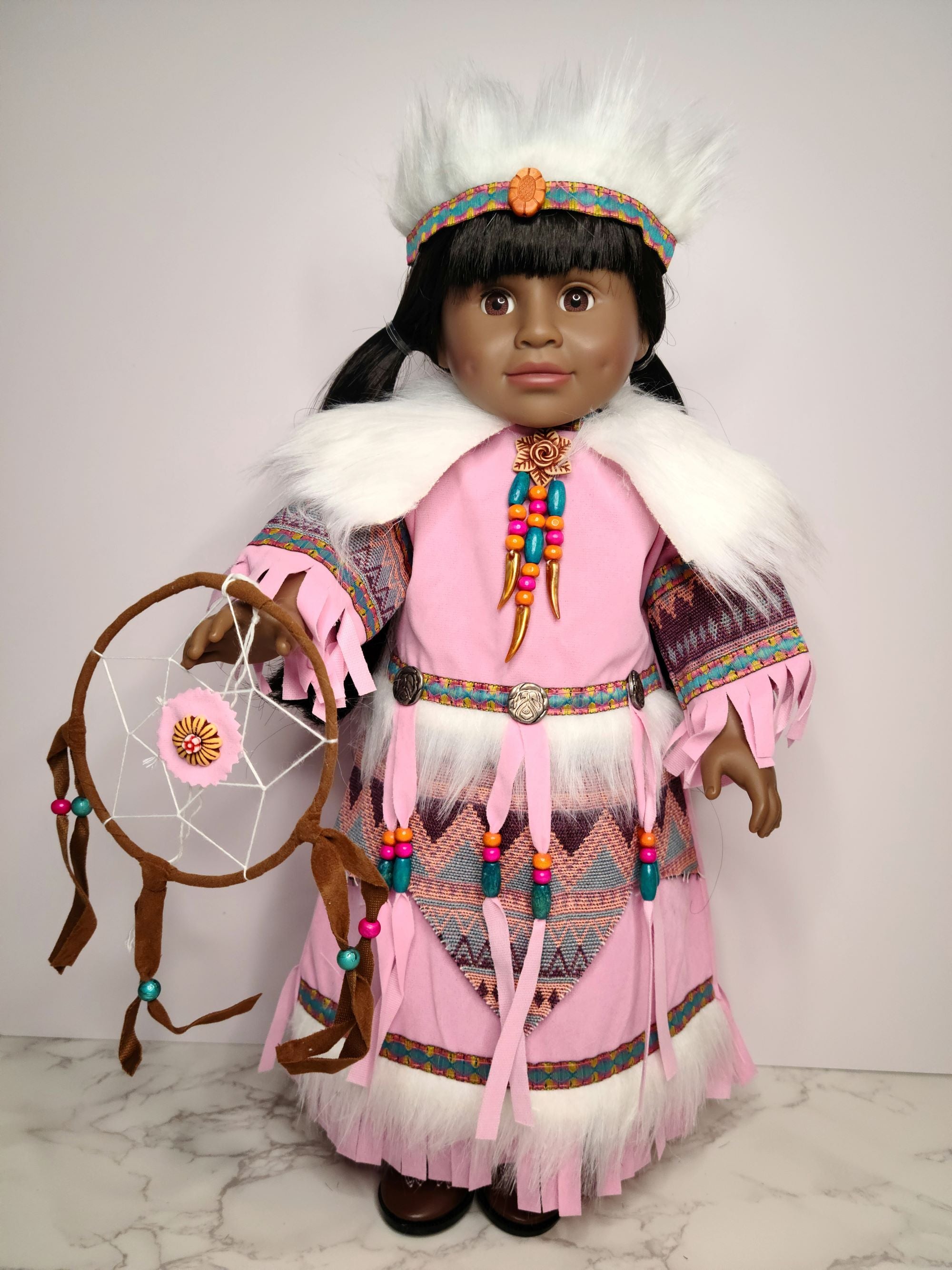 18″ Pink Native American Outfit w/ Dreamcatcher-Mixed and Rooted