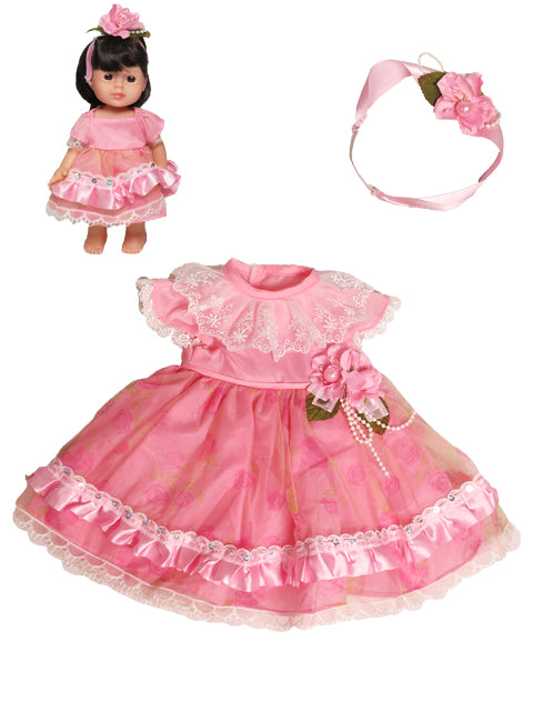 18″ Pink Satin Dress with Headband & Matching Babydoll-Mixed and Rooted