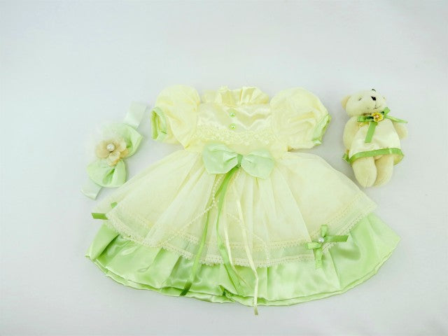 18″ Yellow and Green Silk Dress w/ Bear-Mixed and Rooted